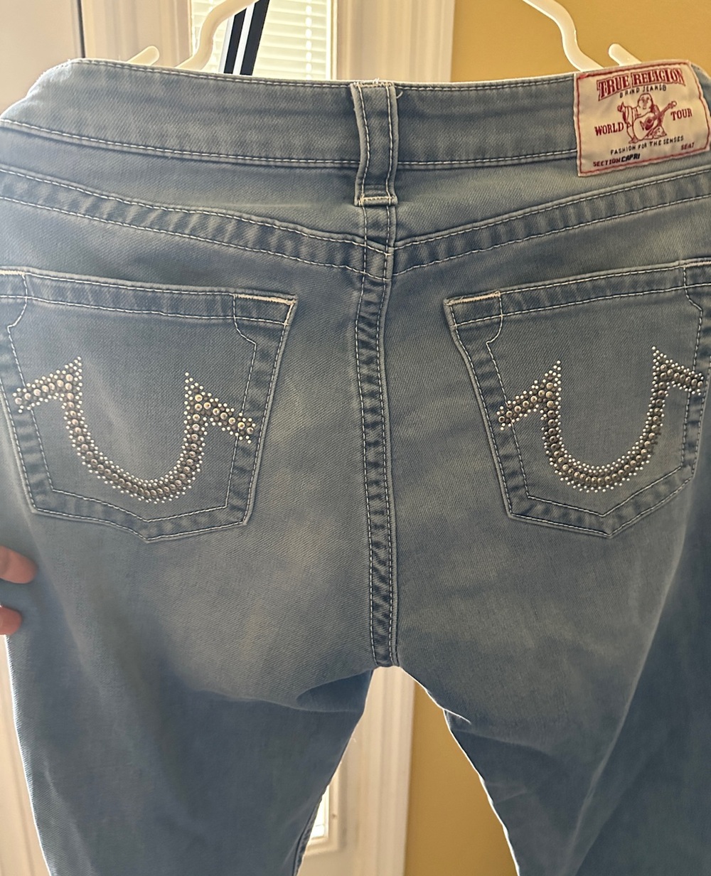 True Religion Women's Light Wash Rhinestone Pocket Skinny Jeans